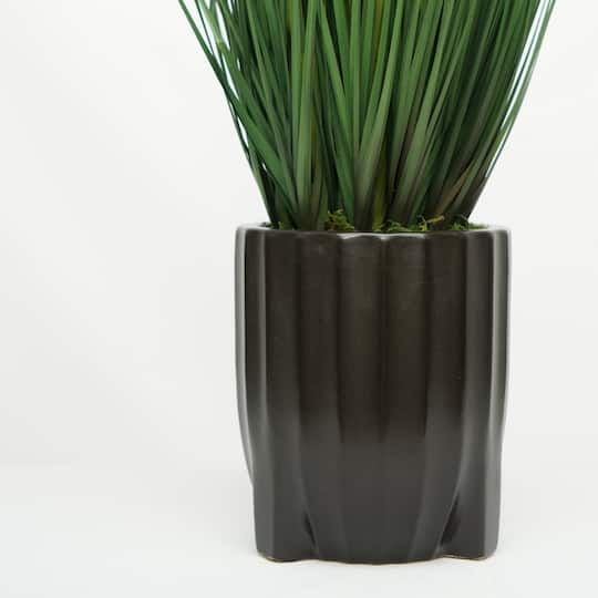 House of Silk Flowers 30" Faux Ornamental Onion Grass in Matte Black Fluted Tripod Cylindrical Ceramic Pot